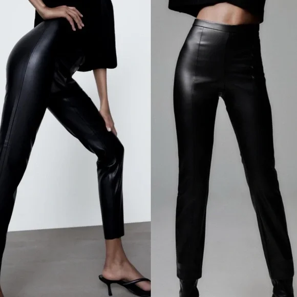 Black Zara mid rise faux leather pants - Picture 1 of 8